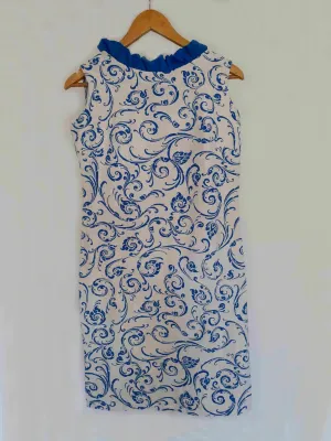 1960s Blue and White Linen Shift Dress With Ruffles - Bust 84 cm