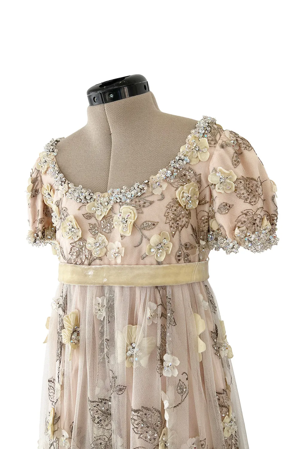 1967 George Halley Couture Heavily Embroidered Appliqué Rhinestone Pink Empire Dress