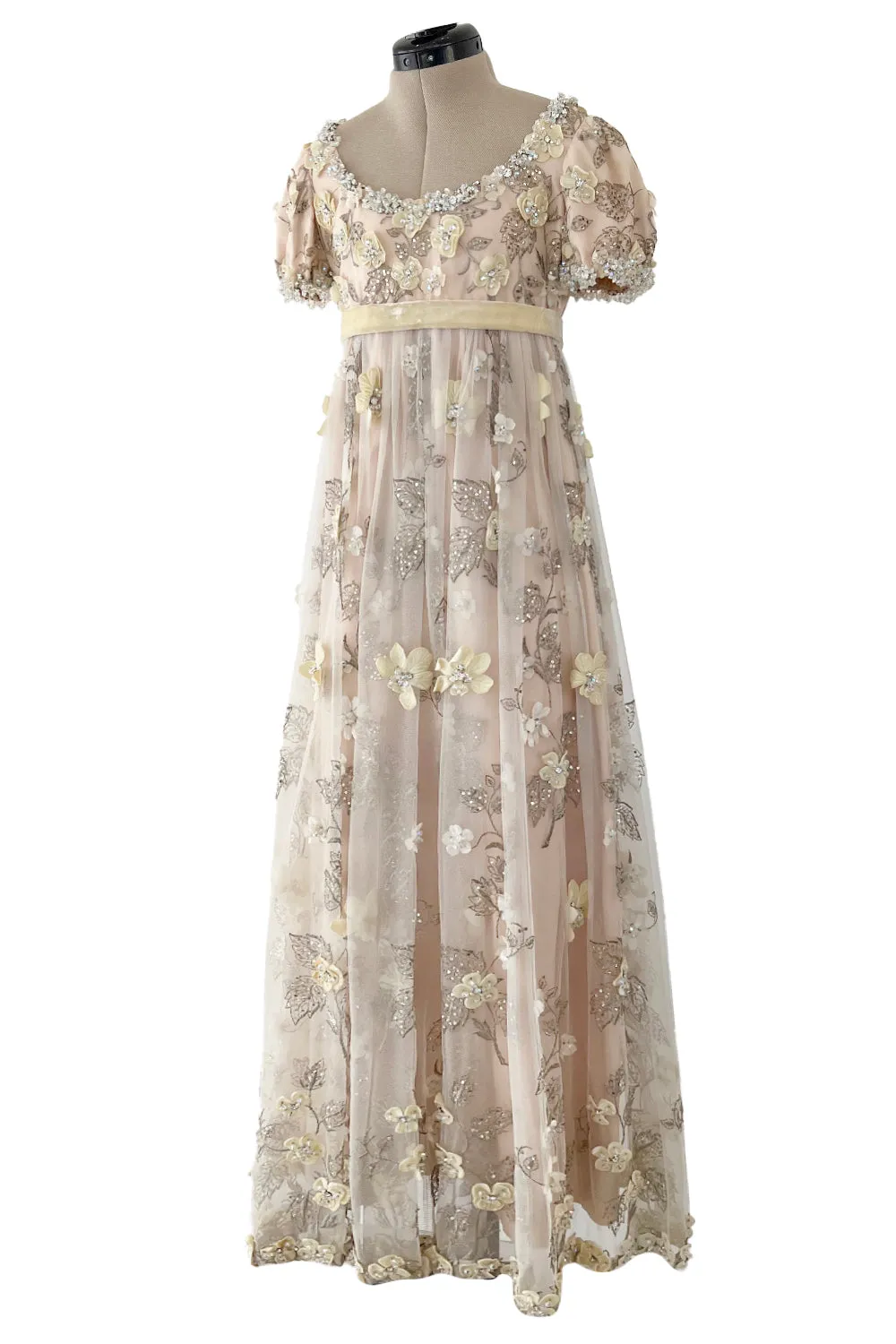 1967 George Halley Couture Heavily Embroidered Appliqué Rhinestone Pink Empire Dress