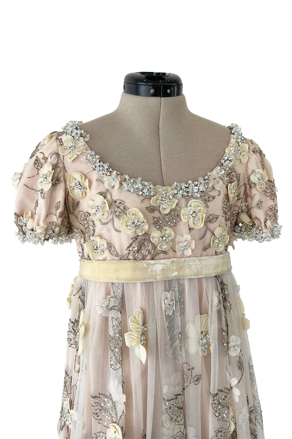 1967 George Halley Couture Heavily Embroidered Appliqué Rhinestone Pink Empire Dress