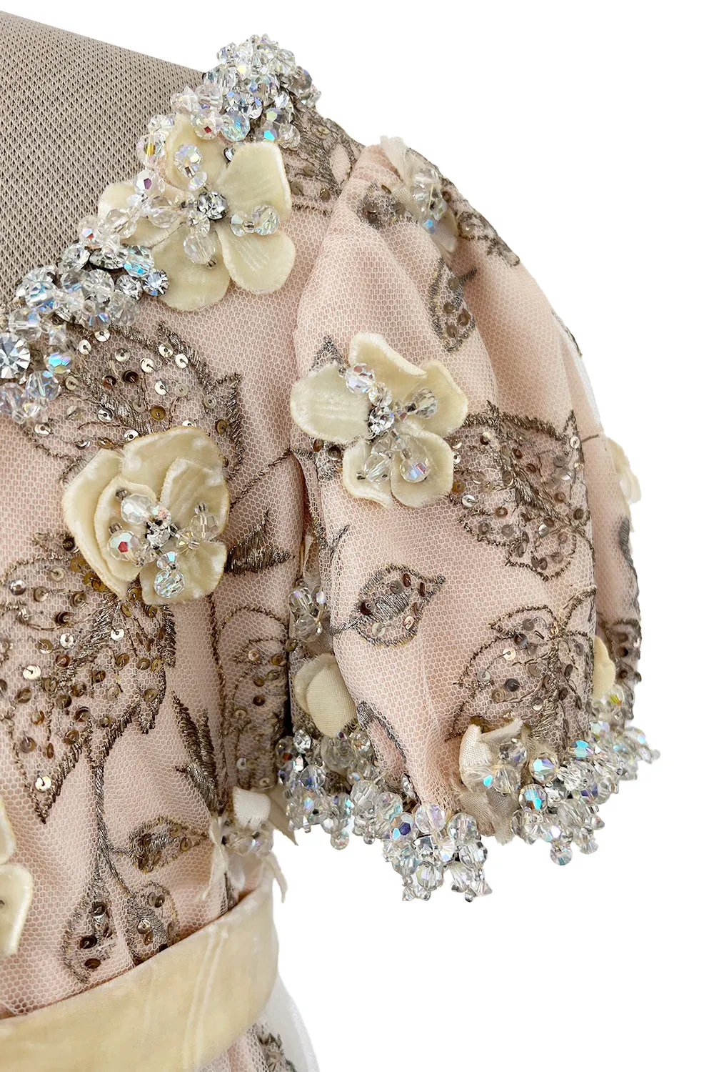 1967 George Halley Couture Heavily Embroidered Appliqué Rhinestone Pink Empire Dress