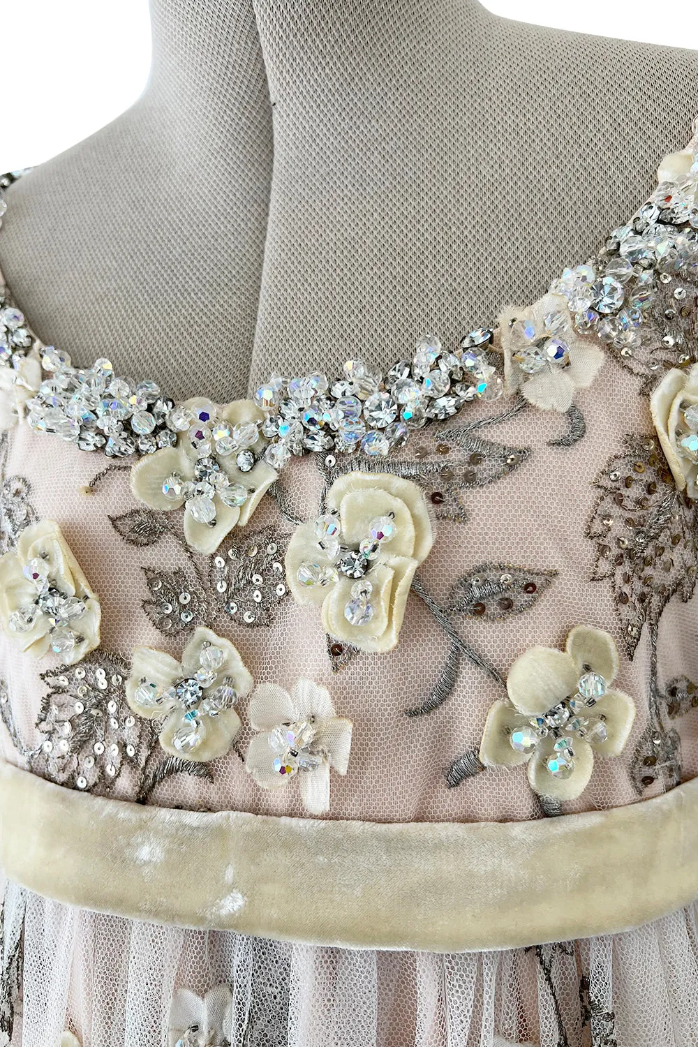 1967 George Halley Couture Heavily Embroidered Appliqué Rhinestone Pink Empire Dress