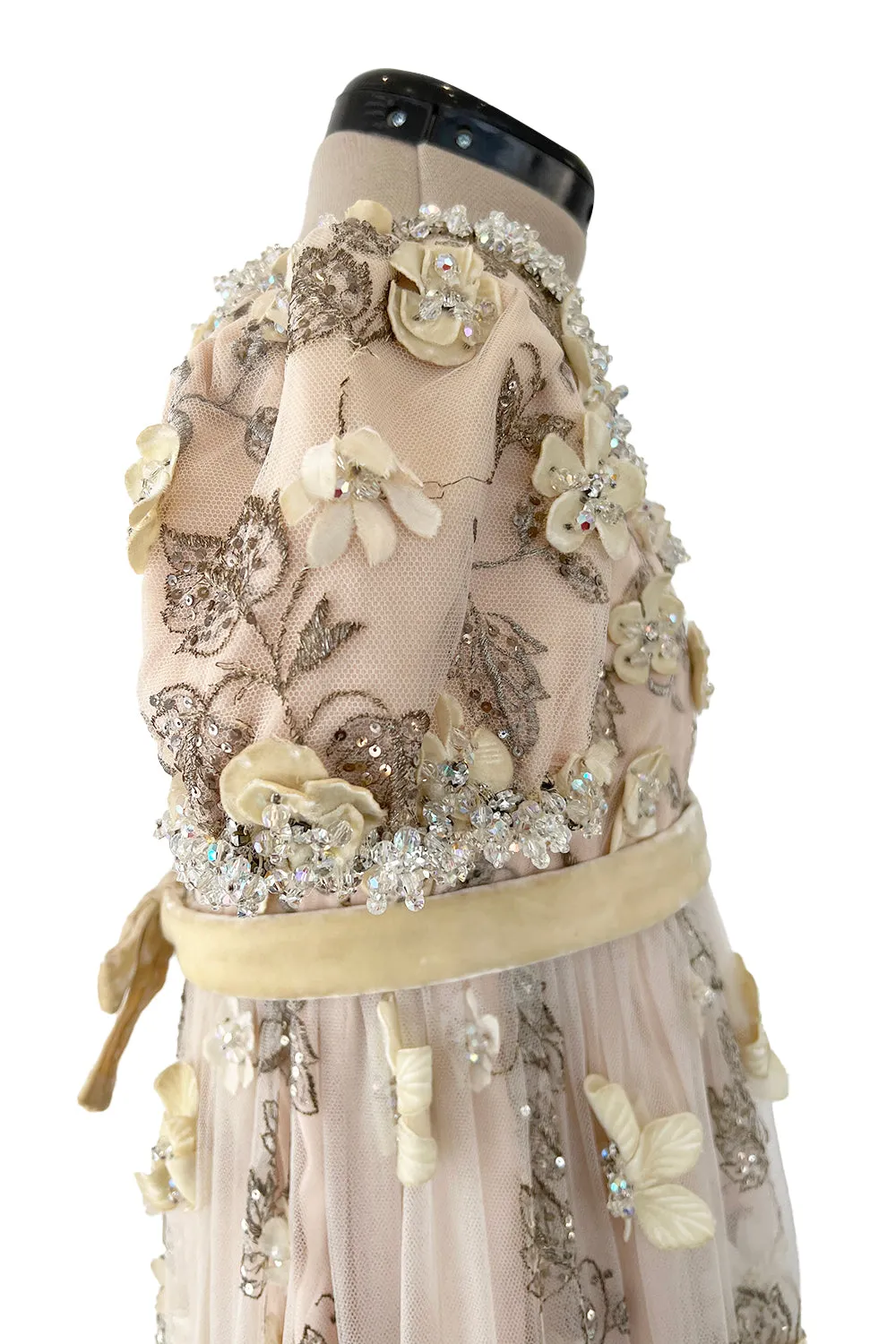 1967 George Halley Couture Heavily Embroidered Appliqué Rhinestone Pink Empire Dress