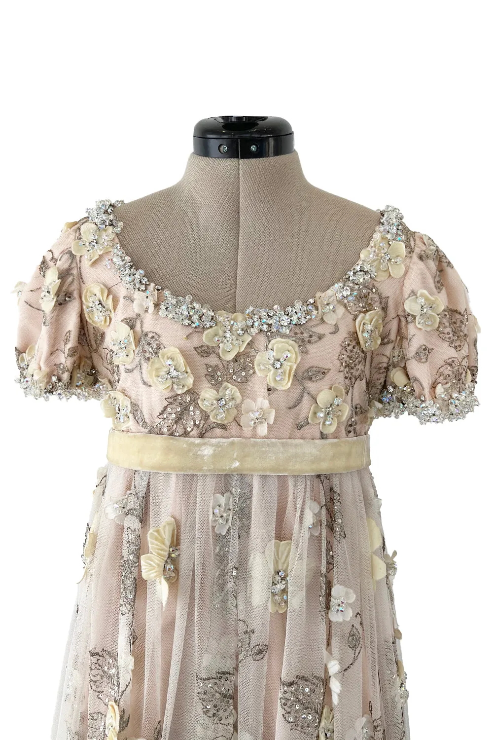 1967 George Halley Couture Heavily Embroidered Appliqué Rhinestone Pink Empire Dress