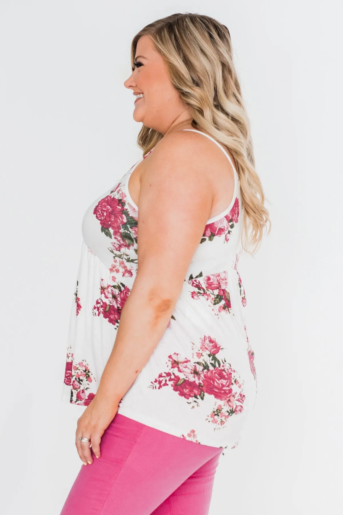 3 Button Floral Babydoll Tank Top- Ivory