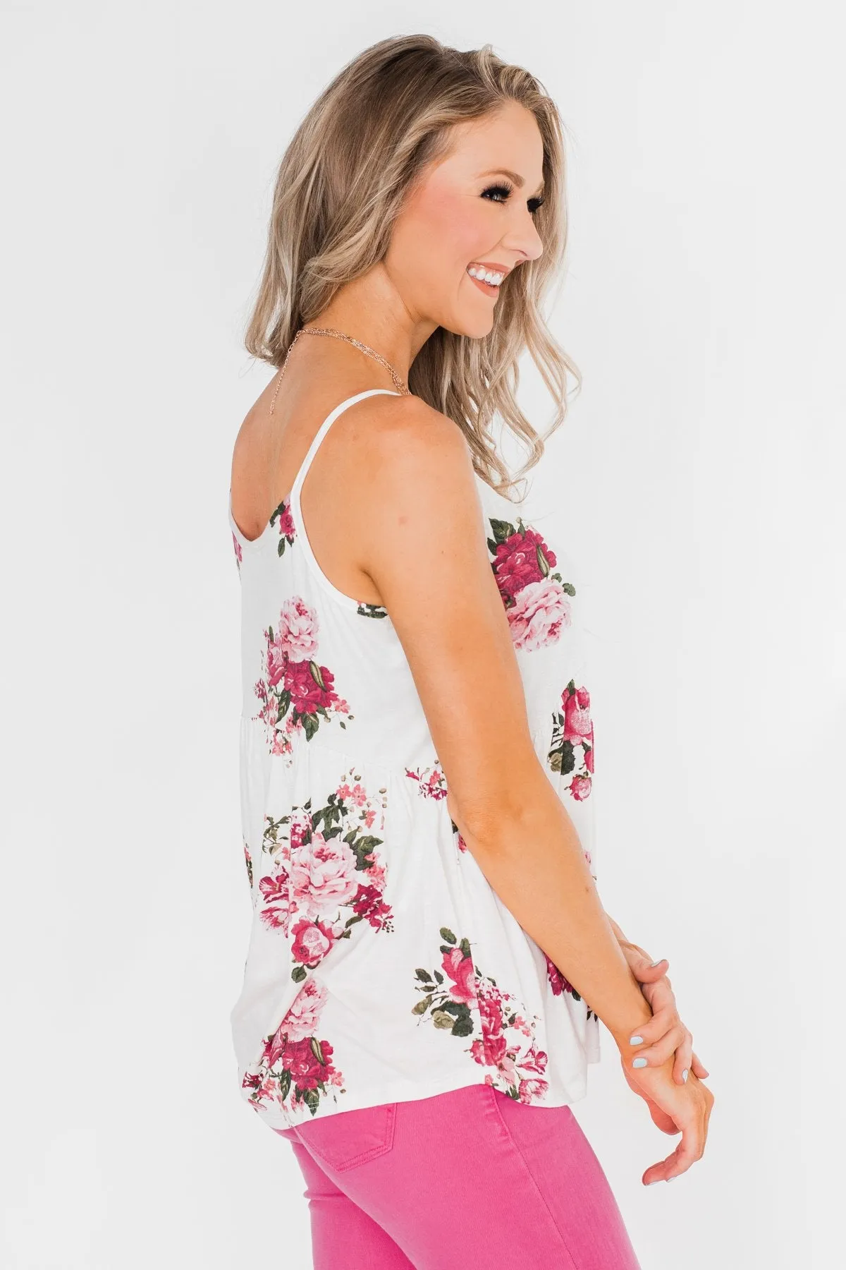 3 Button Floral Babydoll Tank Top- Ivory