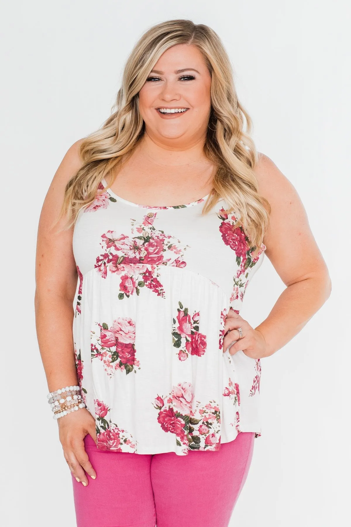 3 Button Floral Babydoll Tank Top- Ivory
