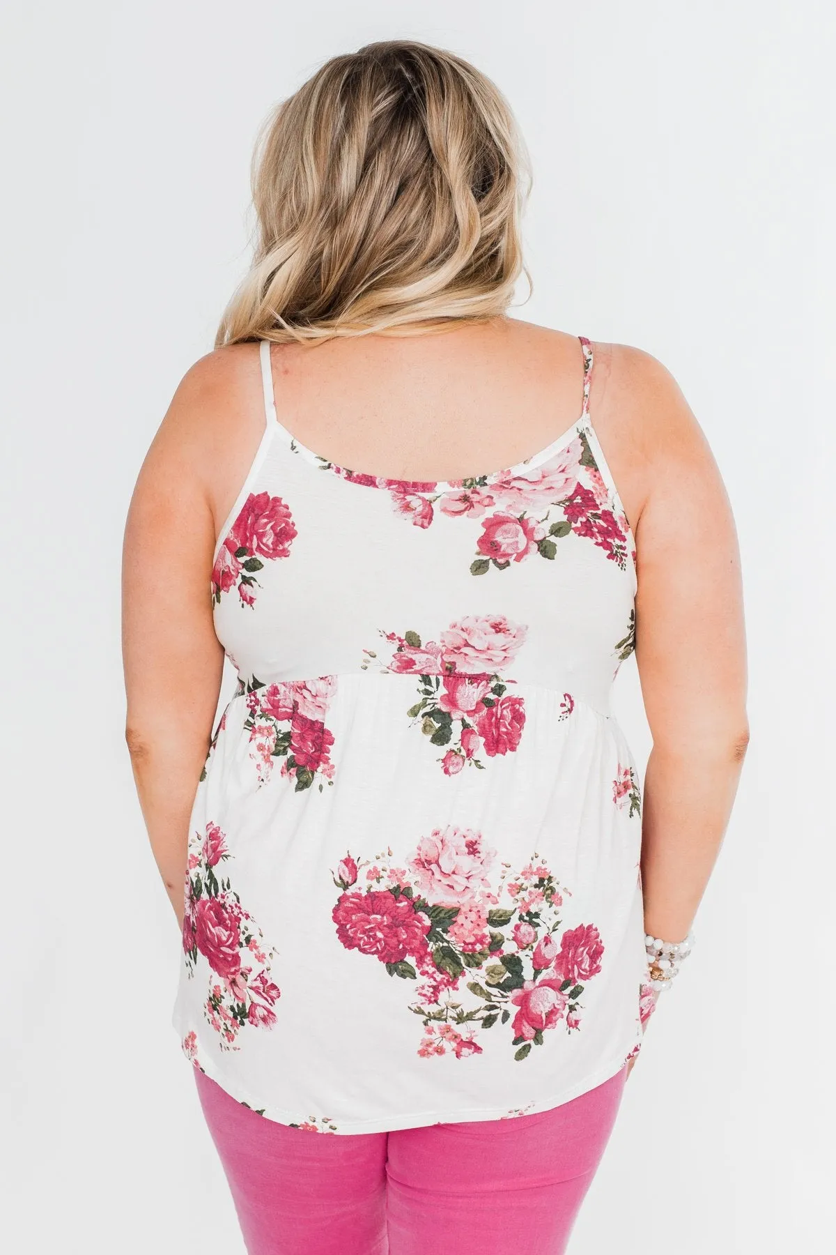 3 Button Floral Babydoll Tank Top- Ivory
