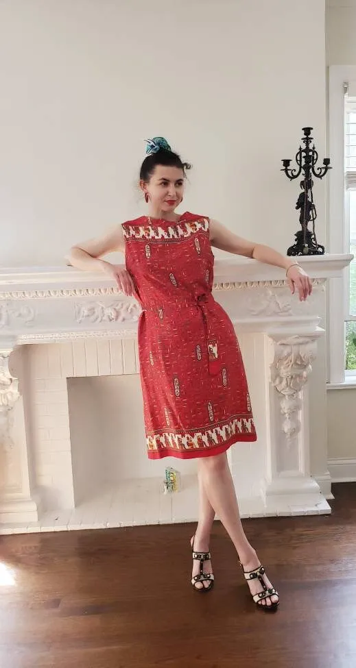 60s Silkprint Summer Dress Ancient Egypt Print Hieroglyphics / Sleeveless Shift Dress Red Multicolored Pattern Sash Tie Belt / L Bastet