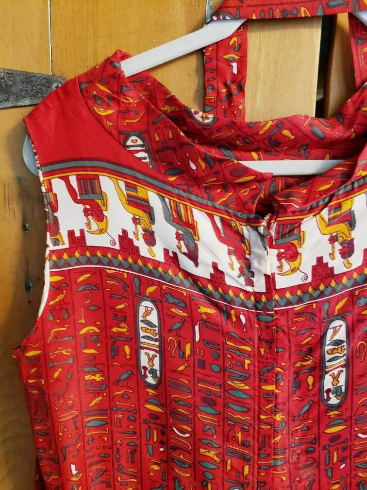 60s Silkprint Summer Dress Ancient Egypt Print Hieroglyphics / Sleeveless Shift Dress Red Multicolored Pattern Sash Tie Belt / L Bastet