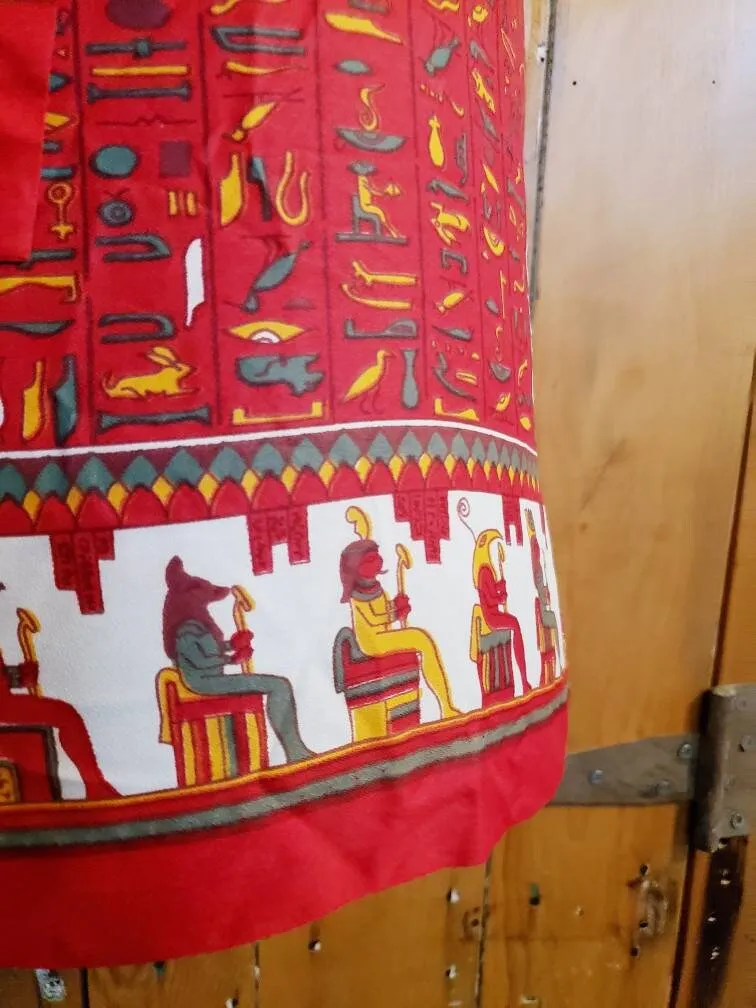 60s Silkprint Summer Dress Ancient Egypt Print Hieroglyphics / Sleeveless Shift Dress Red Multicolored Pattern Sash Tie Belt / L Bastet