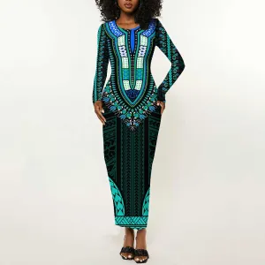 African Dashiki and Polynesian Pattern Long Sleeve Bodycon Dress Teal LT9