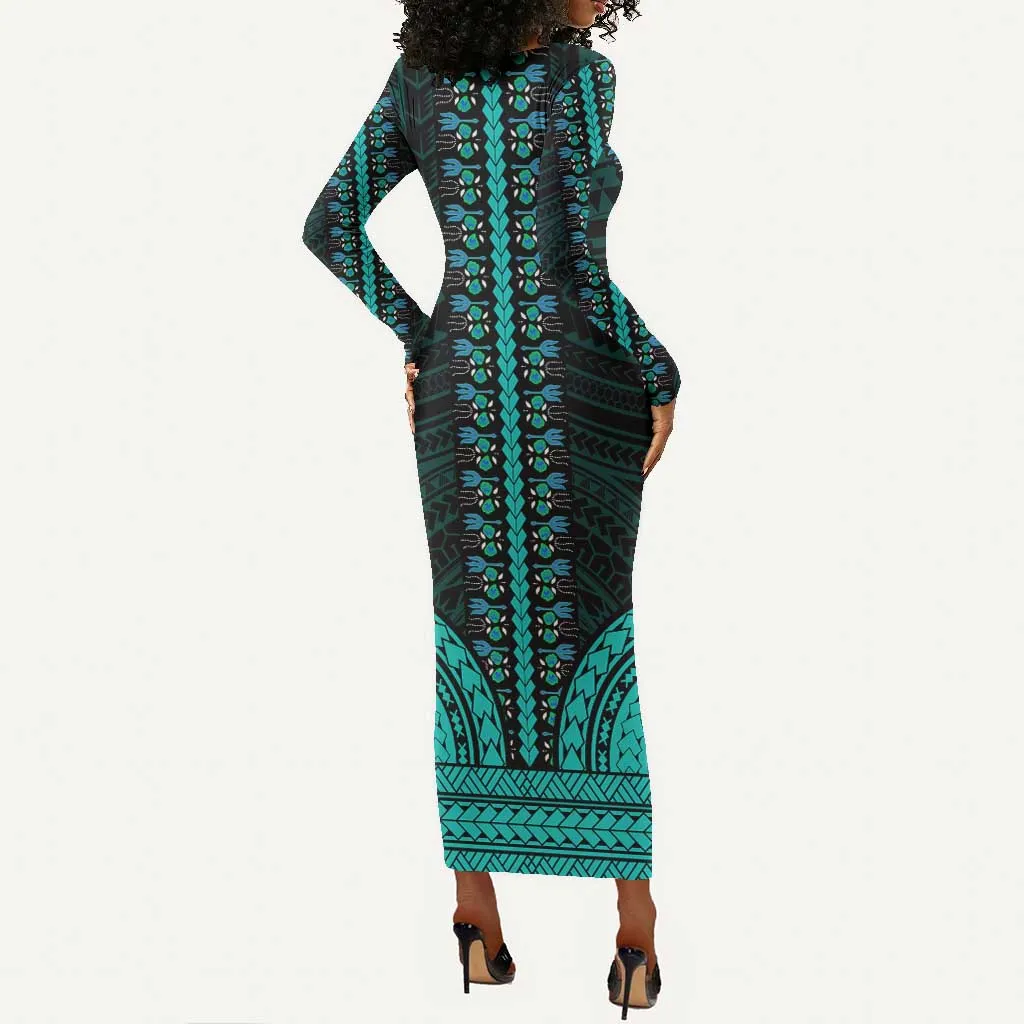 African Dashiki and Polynesian Pattern Long Sleeve Bodycon Dress Teal LT9
