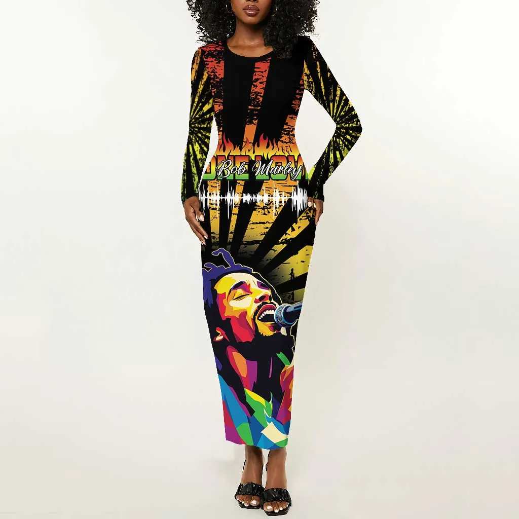 Afro-American Reggae Legend Bob Long Sleeve Bodycon Dress One Love - Grunge Style LT15