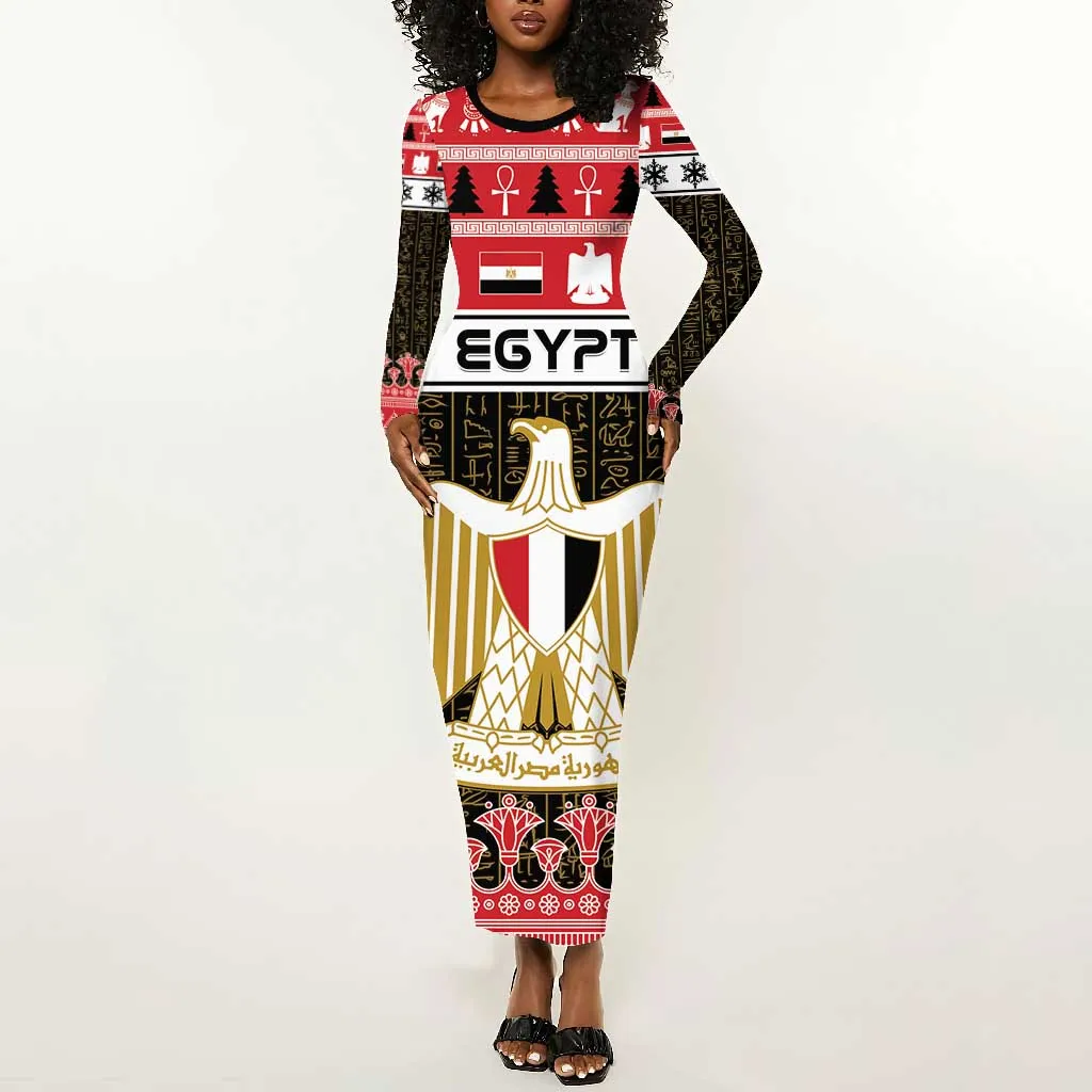 Afro Egypt Christmas Long Sleeve Bodycon Dress Coat Of Arms Mix Egyptian Pattern LT15