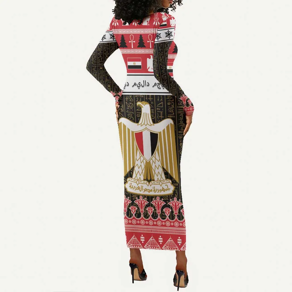Afro Egypt Christmas Long Sleeve Bodycon Dress Coat Of Arms Mix Egyptian Pattern LT15