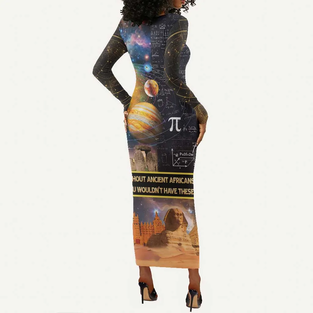 Afro Egyptian Pyramids Long Sleeve Bodycon Dress Ancient African Achievements Galaxy DT04