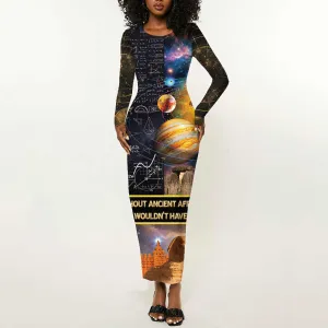 Afro Egyptian Pyramids Long Sleeve Bodycon Dress Ancient African Achievements Galaxy DT04