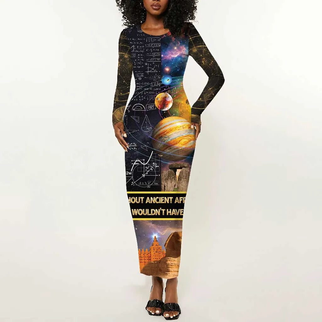 Afro Egyptian Pyramids Long Sleeve Bodycon Dress Ancient African Achievements Galaxy DT04