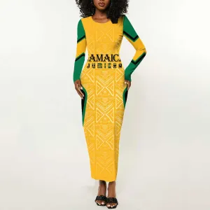 Afro-Jamaica Custom Long Sleeve Bodycon Dress Golden Ethnic Motifs LT7