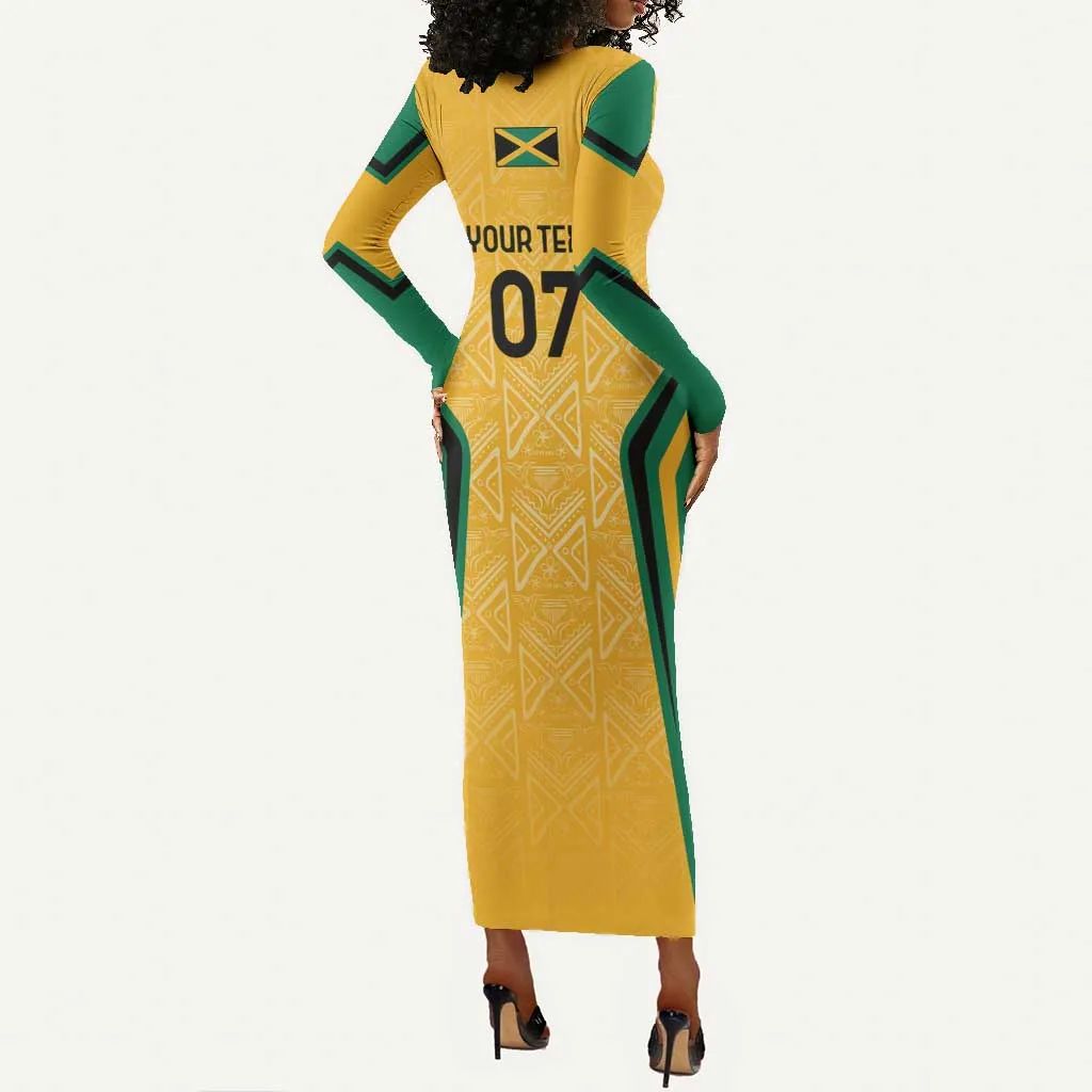 Afro-Jamaica Custom Long Sleeve Bodycon Dress Golden Ethnic Motifs LT7