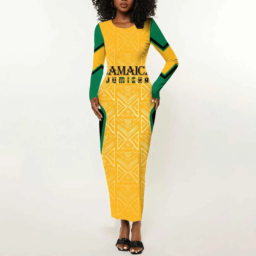 Afro-Jamaica Custom Long Sleeve Bodycon Dress Golden Ethnic Motifs LT7
