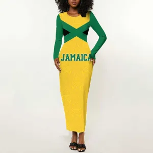 Afro-Jamaicans Football Custom Long Sleeve Bodycon Dress Gold Ethnic Motifs LT9