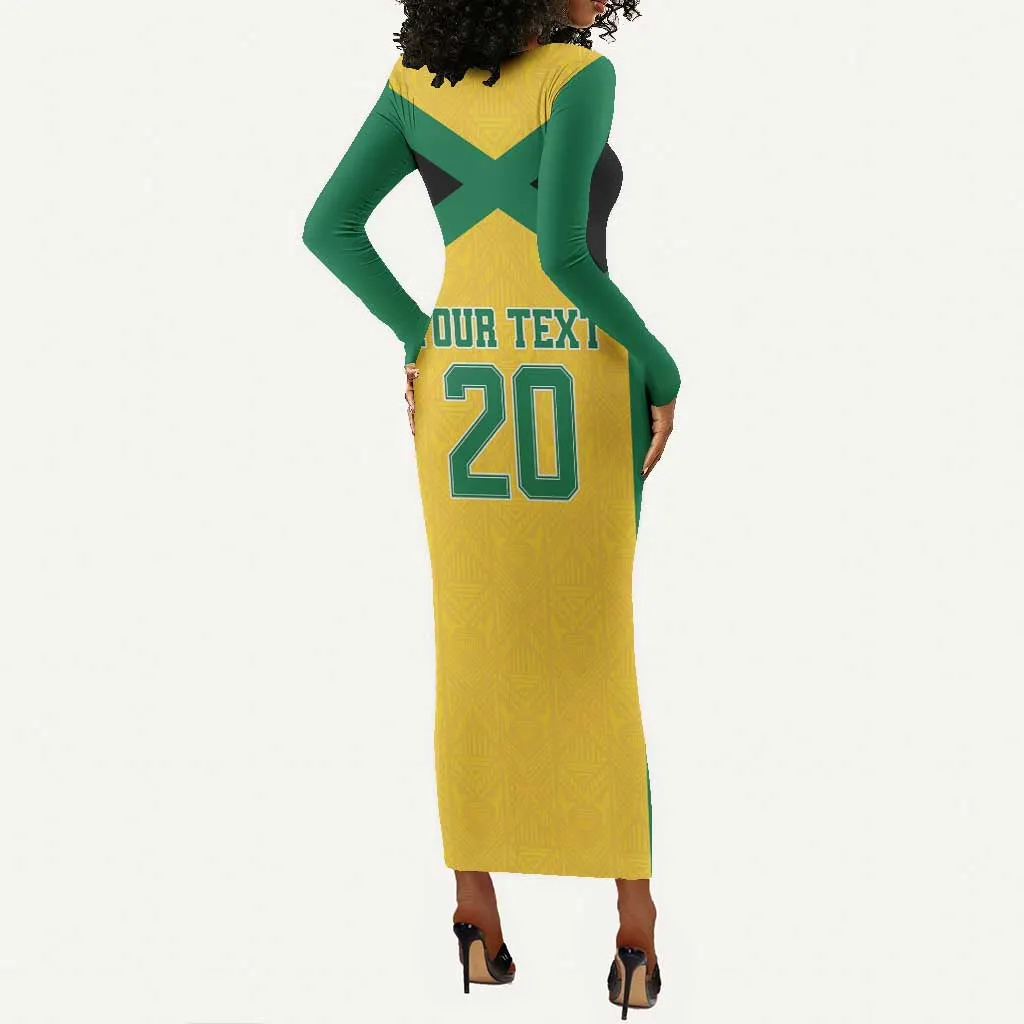 Afro-Jamaicans Football Custom Long Sleeve Bodycon Dress Gold Ethnic Motifs LT9