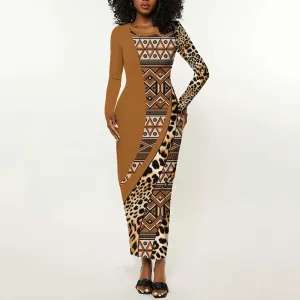 Afro Leopard Mix Native Tribal Pattern Long Sleeve Bodycon Dress LT9