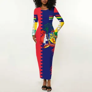 Afro Mauritius Long Sleeve Bodycon Dress Map Design with Flag Coat of Arms TS04