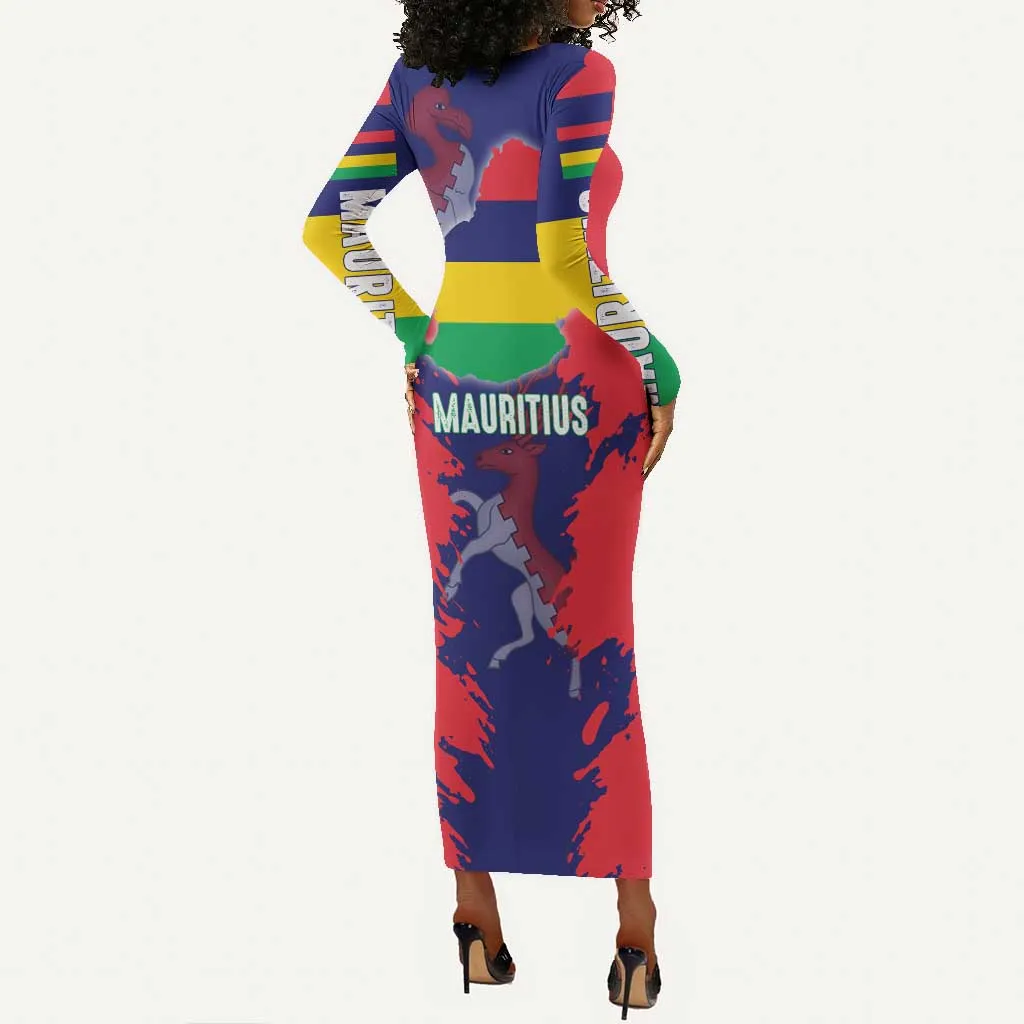 Afro Mauritius Long Sleeve Bodycon Dress Map Design with Flag Coat of Arms TS04