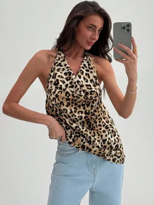 Aloruh Fashionable Leopard Print Plunge Neck Bodycon Tank Top