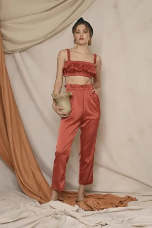 AMORA PANT SET Gathered Crop Top and Gartered Pant (Rust Silk)