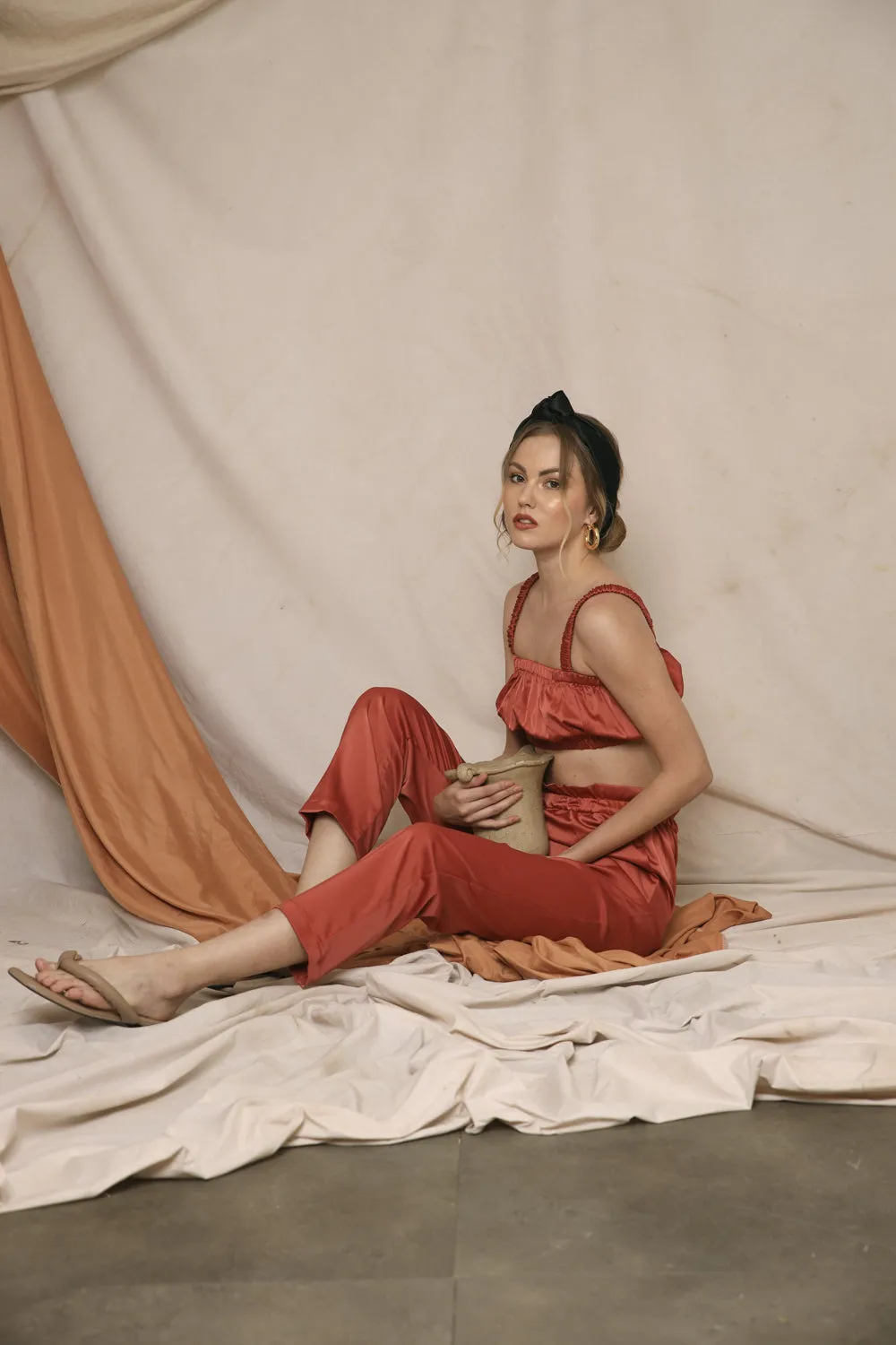 AMORA PANT SET Gathered Crop Top and Gartered Pant (Rust Silk)