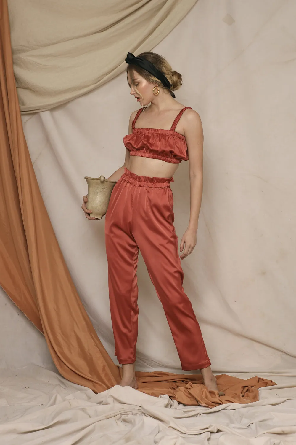 AMORA PANT SET Gathered Crop Top and Gartered Pant (Rust Silk)