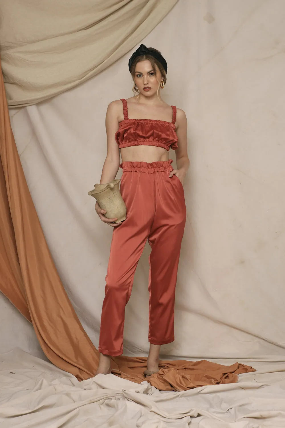 AMORA PANT SET Gathered Crop Top and Gartered Pant (Rust Silk)