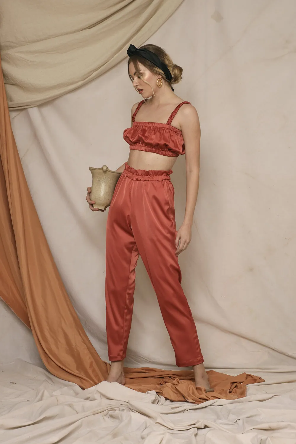 AMORA PANT SET Gathered Crop Top and Gartered Pant (Rust Silk)