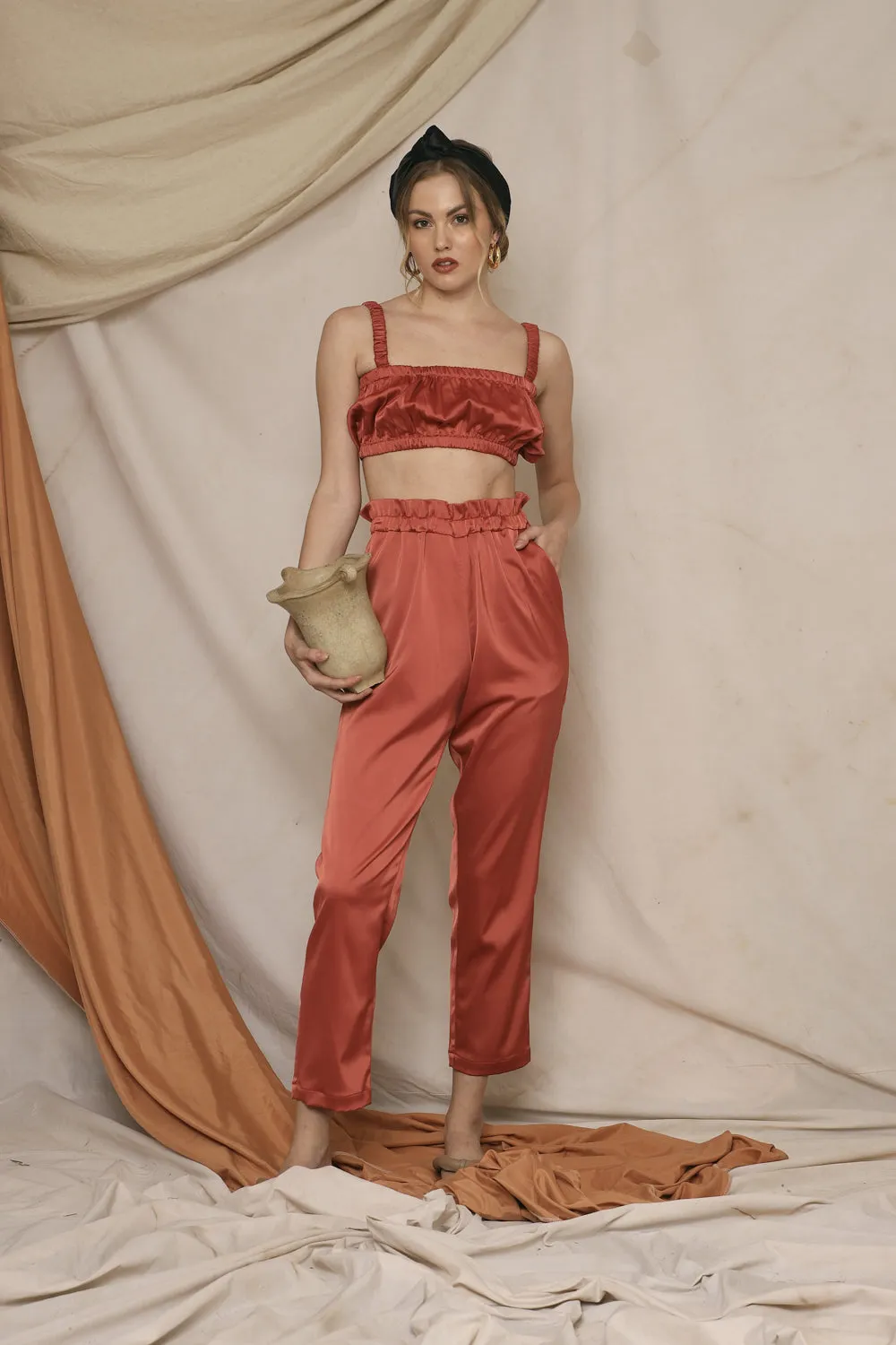 AMORA PANT SET Gathered Crop Top and Gartered Pant (Rust Silk)