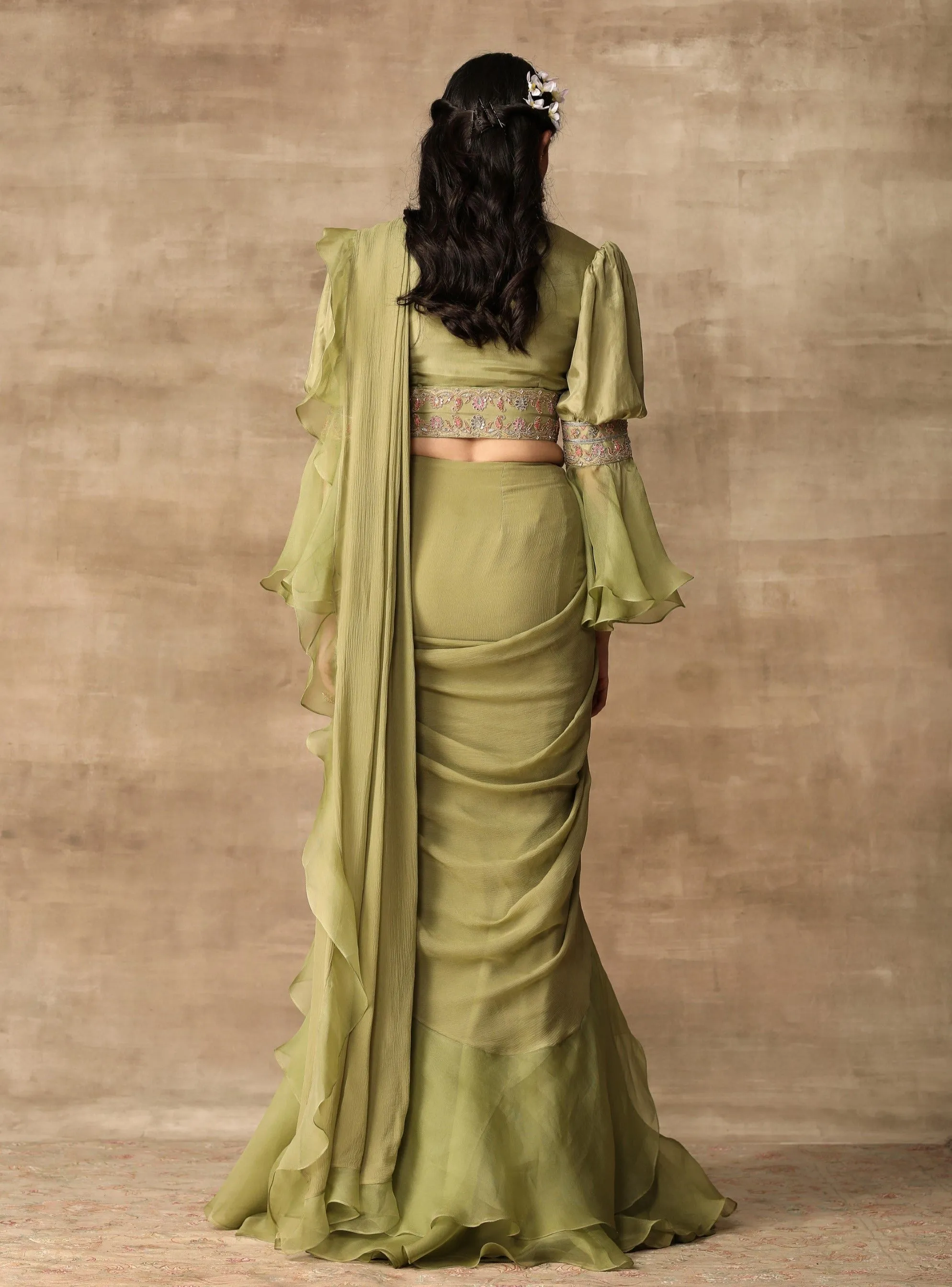 Apple Green Draped Ruffle Sari Set
