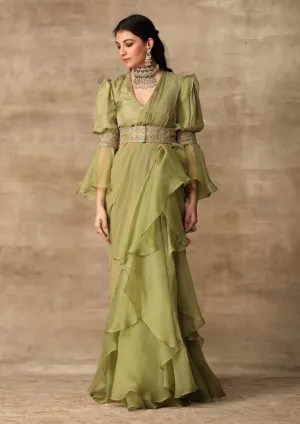 Apple Green Draped Ruffle Sari Set