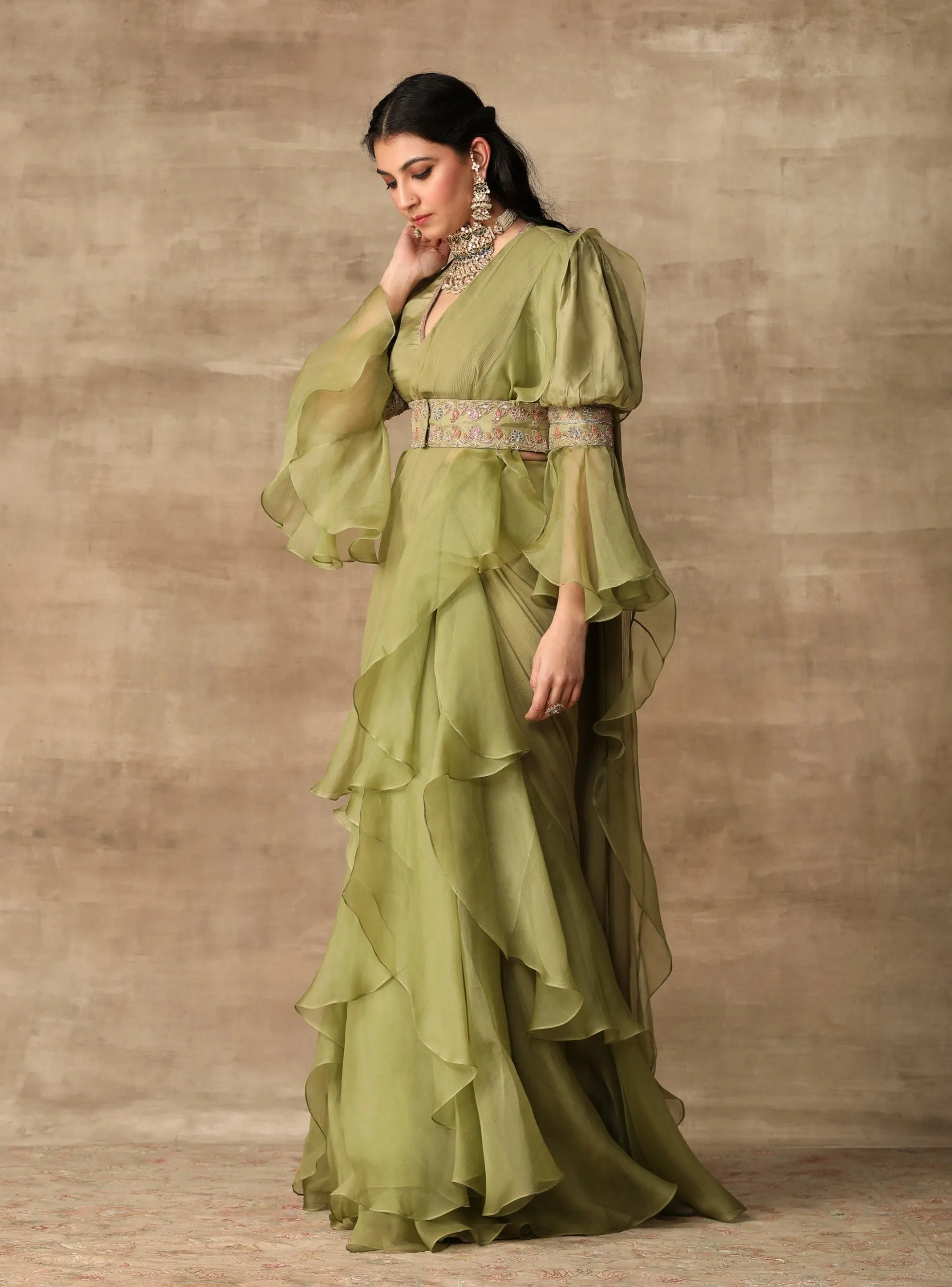 Apple Green Draped Ruffle Sari Set