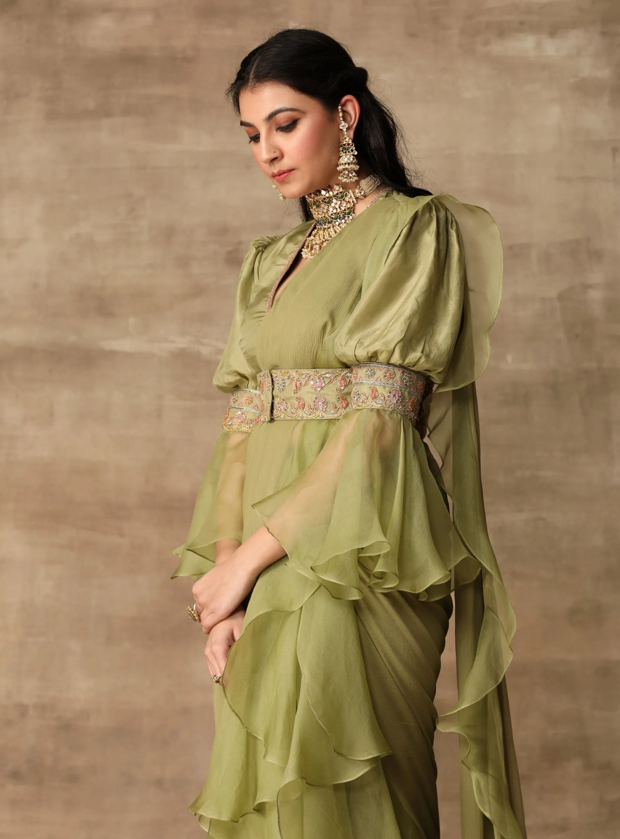Apple Green Draped Ruffle Sari Set