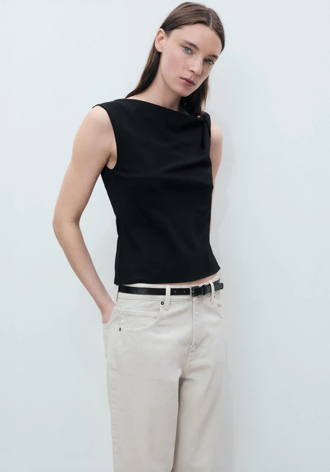Asymmetrical Draped Top With Straps - Black