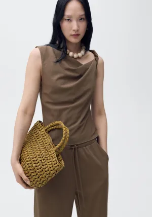 Asymmetrical Draped Top With Straps - Brown