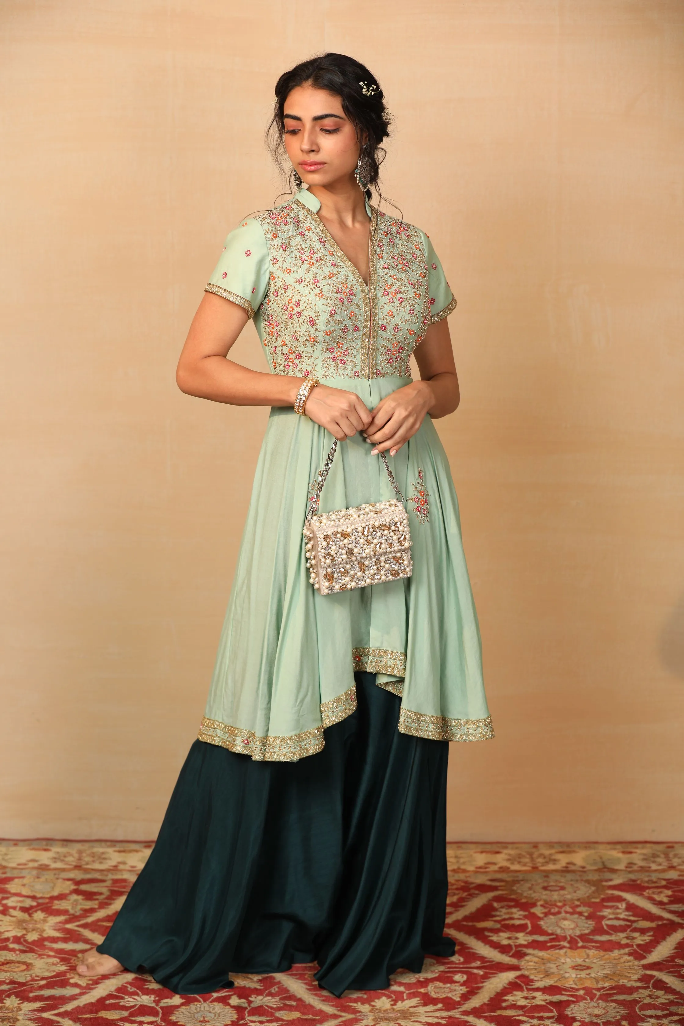Aura Mint Green High Low Kurta With Flared Pants