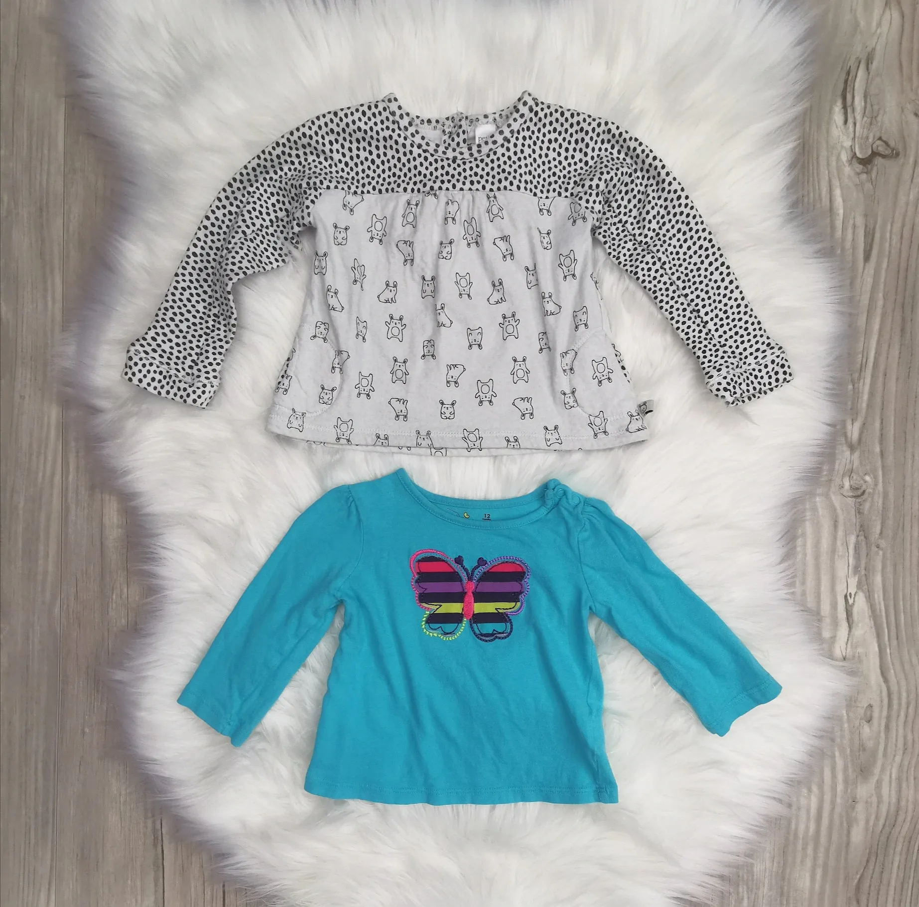 BABY GIRL SIZE 12 MONTHS - PETIT LEM / JUMPING BEANS, 2 Pack Longsleeve Graphic Tops EUC B24