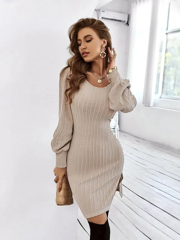 Backless Ribbed Knit Mini Dress with Puffed Long Sleeves