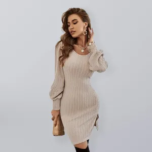 Backless Ribbed Knit Mini Dress with Puffed Long Sleeves