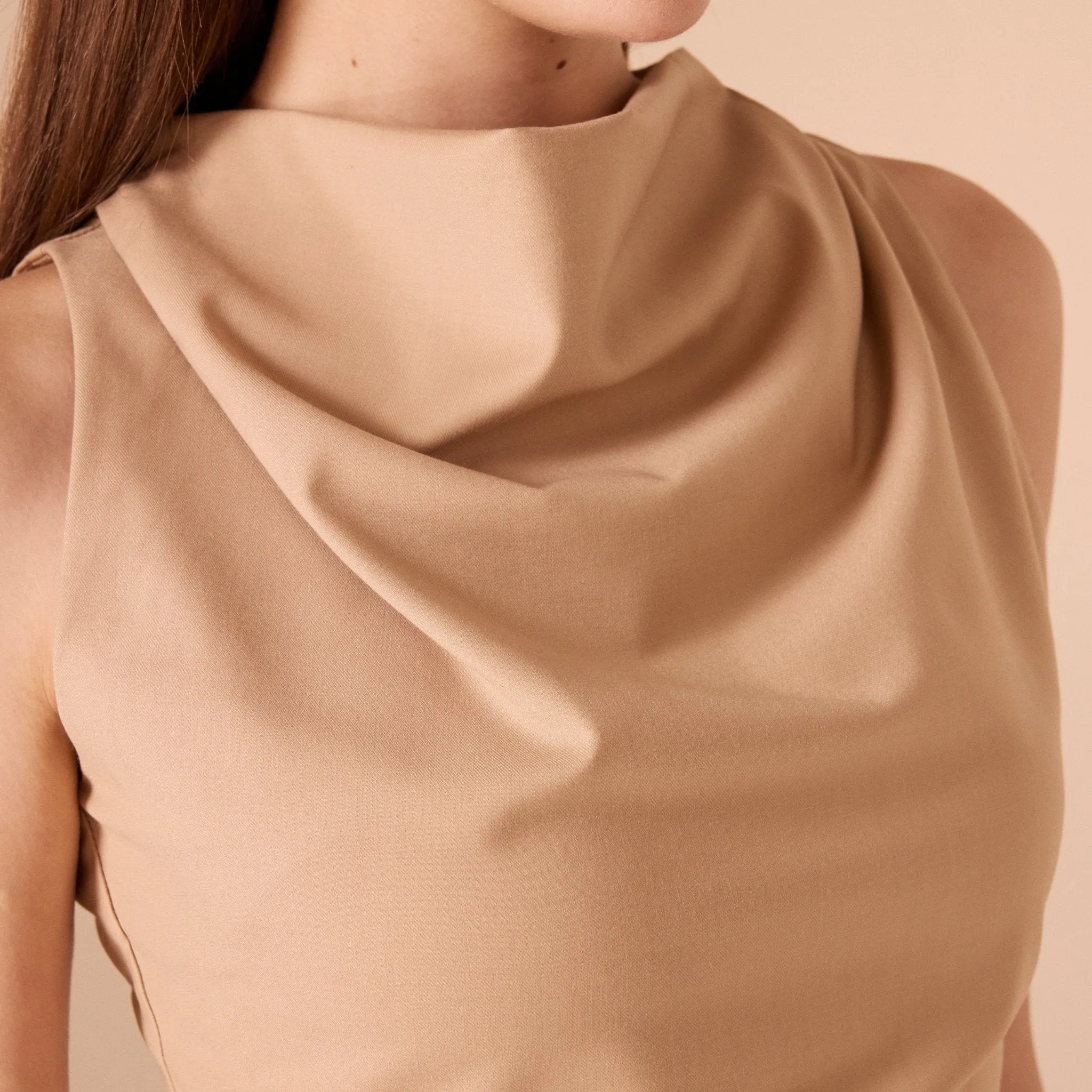 Beige Draped Neck Twill Top