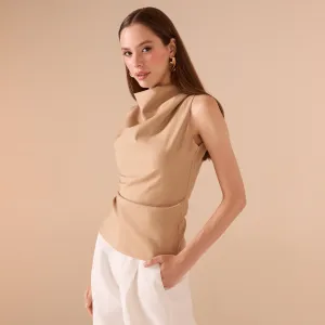 Beige Draped Neck Twill Top